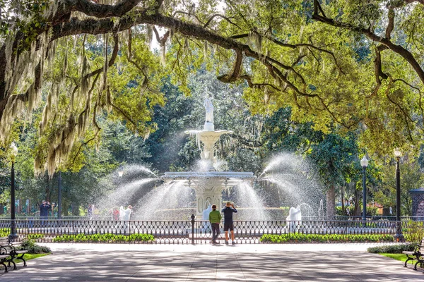 Forsyth Parkı Savannah Georgia Abd Çeşme Şafak — Stok fotoğraf