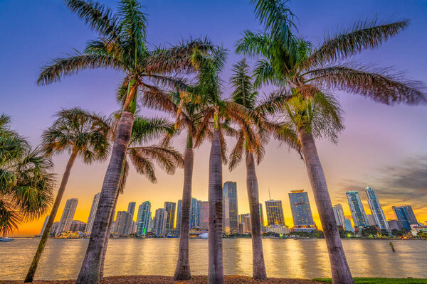 Miami, Florida, USA skyline on Bisayne Bay at dusk.