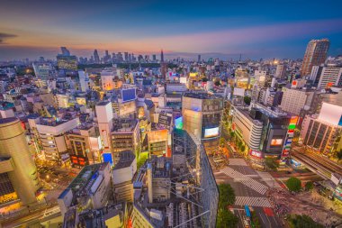 Shibuya, Tokyo, Japonya şehir manzarası alacakaranlıkta ünlü kapış yaya geçidi üzerinden.