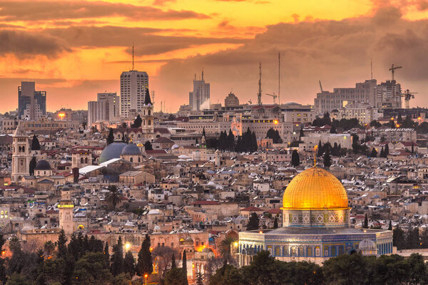 Jerusalem, Israel old city skyline at dusk from Mount of Olives.