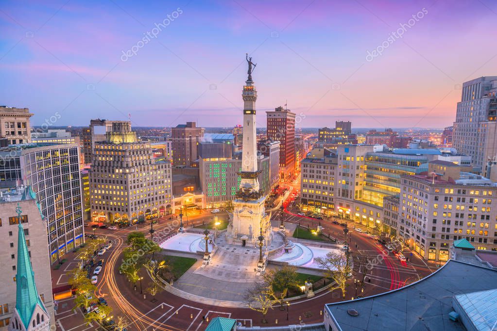 Indianapolis, Indiana, USA skyline over Soliders' and Sailors' Monument at dusk.