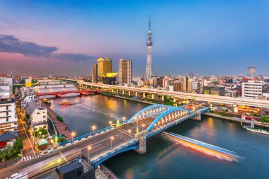 Alacakaranlıkta Asakusa üzerinde Tokyo, Japonya şehir manzarası.