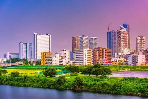 Kawasaki Japan City Skyline Dusk Tamagawa River — Stock Photo, Image