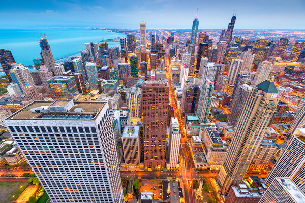 Chicago, Illinois, USA aerial cityscape at dusk.