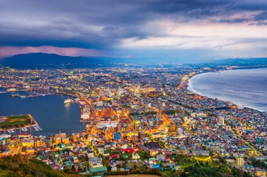 Şafakta Mt. Hakodate Hakodate, Hokkaido, Japonya şehir manzarası.