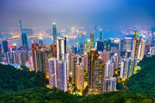 Hong Kong, China city skyline from Victoria Peak at night.