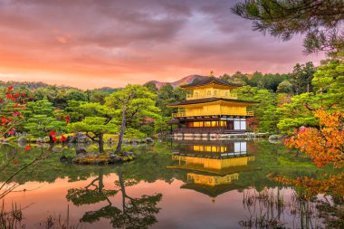 Kyoto, Japonya Kinkaku-ji 'de, Alacakaranlıkta Altın Pavyon Tapınağı.