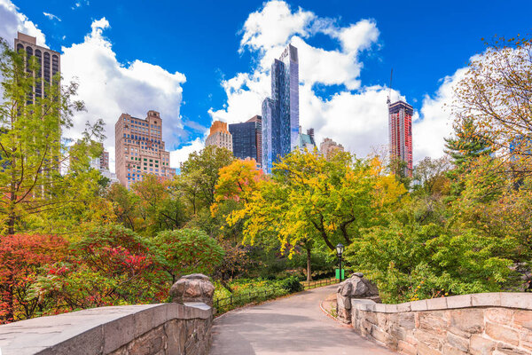 New York, New York, USA Park South cityscape from Central Park in Autumn.