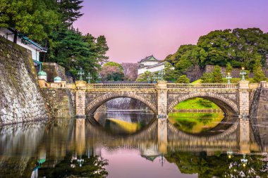 Tokyo, Japonya'da İmparatorluk Sarayı hendek ve şafakta köprü.