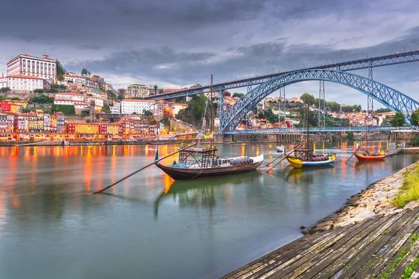 Porto Portugal Old Town Skyline Douro River Rabelo Boats Dusk — Stock Photo, Image
