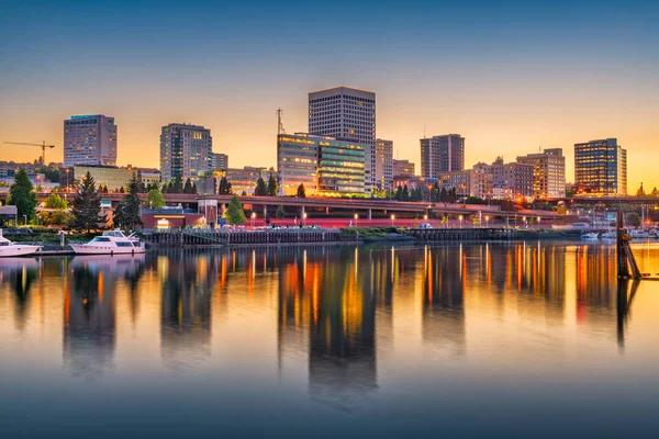 Tacoma Washington Usa Downtown Skyline Skymningen Inledningen Bay — Stockfoto