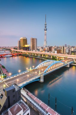 Tokyo, Japonya Sumida nehir manzarası alacakaranlıkta.