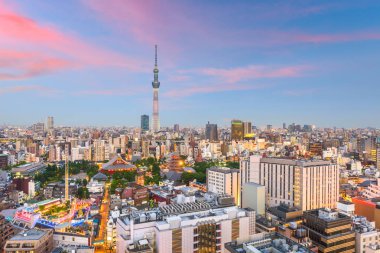 Alacakaranlıkta Asakusa üzerinde Tokyo, Japonya şehir manzarası.