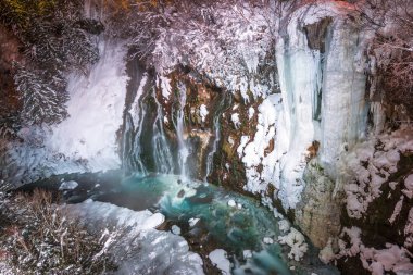 Biei, Hokkaido, Japonya Mavi Nehir 'de bir kış gecesinde aydınlandı.