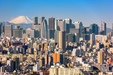 Shinjuku skycrapers ve Mt. Fuji ile Tokyo, Shinjuku koğuşta gökdelenler.