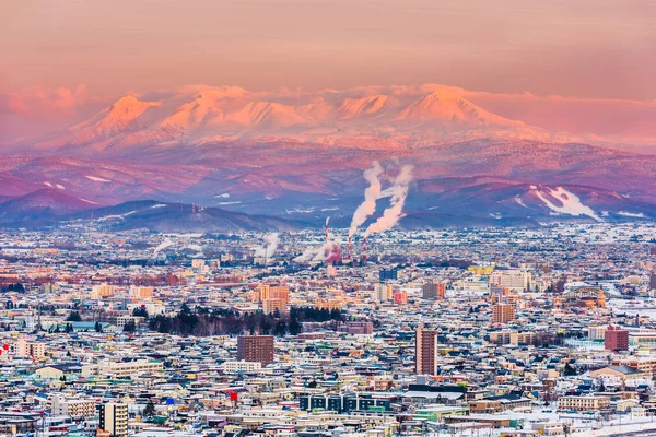 Asahikawa, Hokkaido, Japan town skyline in winter.