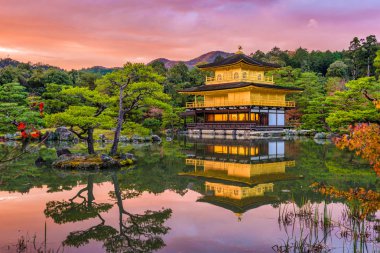 Kyoto, Japonya Kinkaku-ji 'de, Alacakaranlıkta Altın Pavyon Tapınağı.