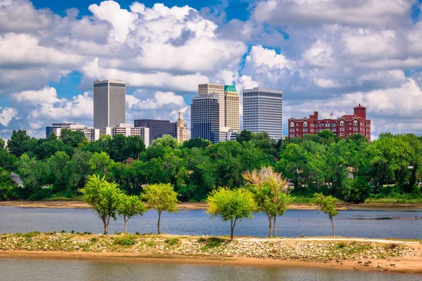 Tulsa Oklahoma Usa Centrum Skyline Arkansas Rivier Schemering — Stockfoto