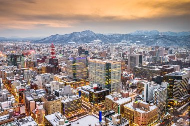 Sapporo, Hokkaido, Japonya şehir merkezinden alacakaranlıkta gökyüzü.