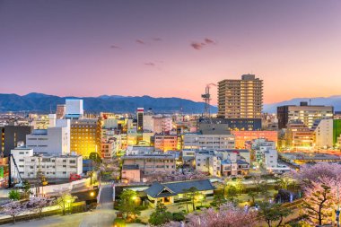 Kofu, alacakaranlıkta şehir cityscape Yamanashi, Japan.