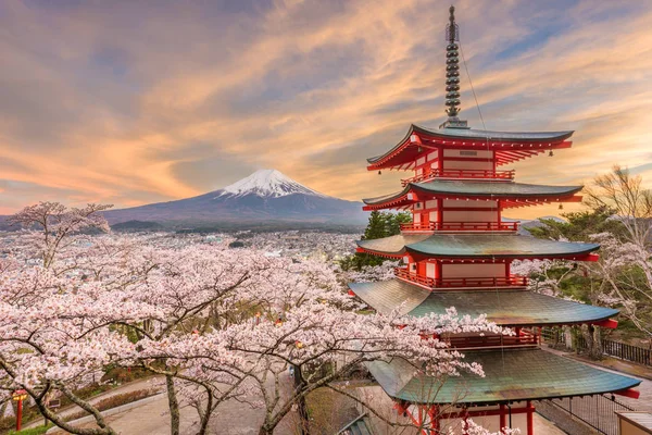 Fujiyoshida, Japonya görünümü pagoda kiraz çiçekleri ile bahar sezonu alacakaranlıkta ve Mt. Fuji.