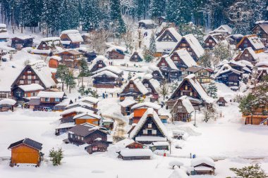 Shirakawago, Gifu, Japonya tarihi tarım köy kış.