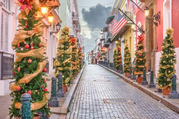 San Juan Puerto Rico Christmas Tree Lined Road Old Town — Stock Photo, Image