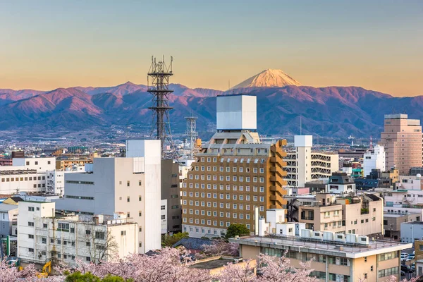 Skyline Van Stad Van Kofu Japan Met Fuji Piek Bergen — Stockfoto