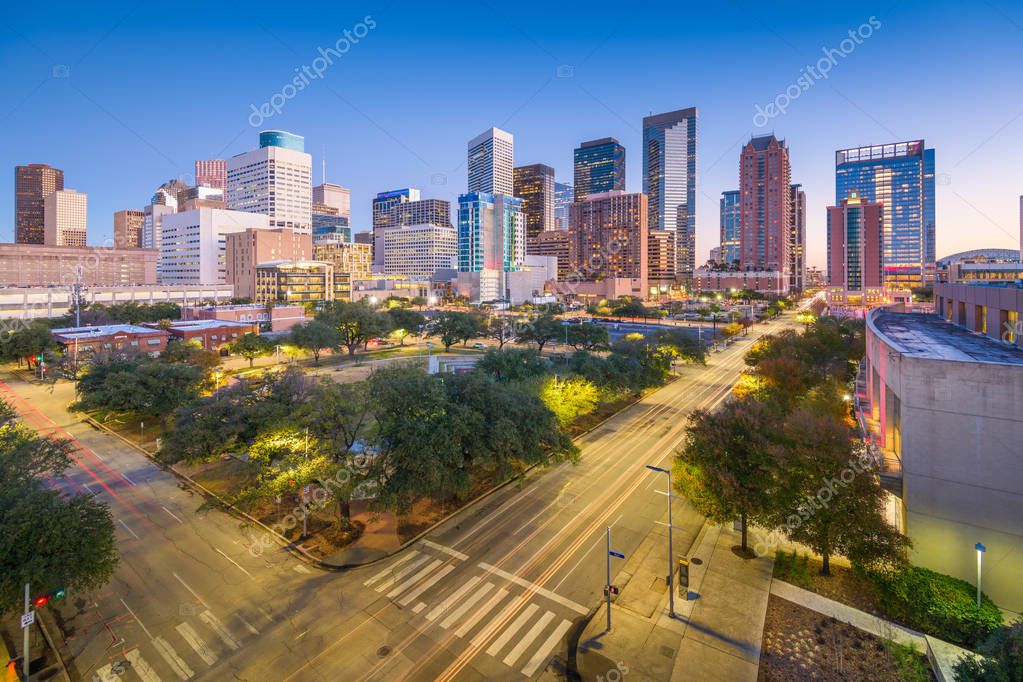 Houston, Texas, USA downtown park and skyline at twilight.