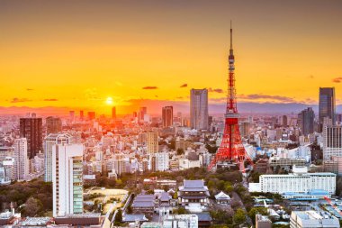Tokyo, Japonya şehir manzarası ve gün batımında kule.