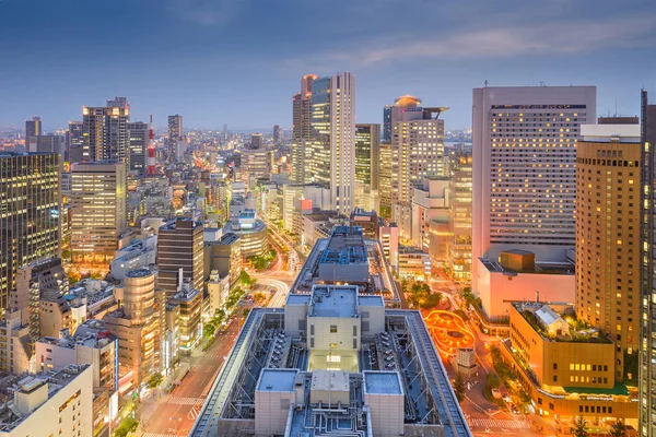 Osaka Japão Skyline Centro Cidade Distrito Umeda Entardecer — Fotografia de Stock