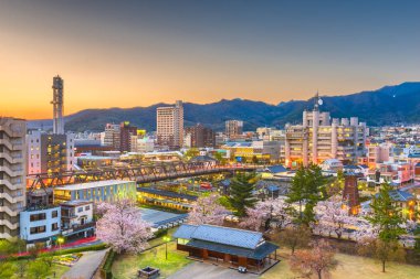 Kofu, bahar bitki örtüsü ile alacakaranlıkta şehir cityscape Yamanashi, Japan.