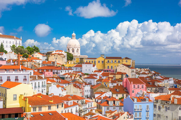 Lisbon, Portugal city skyline over the Alfama district. 