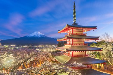 Fujiyoshida, Japonya görünümü pagoda kiraz çiçekleri ile bahar sezonu alacakaranlıkta ve Mt. Fuji. 