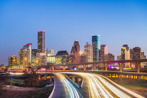 Houston Texas Usa Belvárosában Található City Skyline Alkonyatkor Autópálya — Stock Fotó
