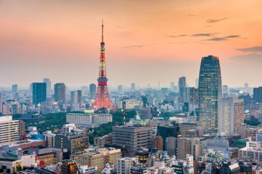 Tokyo, Japonya cityscape ve güneş battıktan sonra kule.
