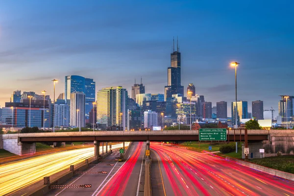 Chicago, Illinois, USA downtown skyline over highways