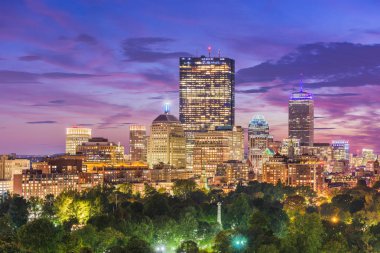Boston, Massachusetts, ABD şehir manzarası park üzerinde. 