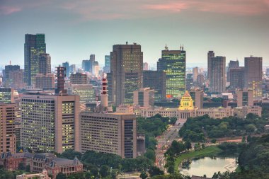 Tokyo, Japan cityscape over Chiyoda Ward with the National Diet Building at twilight. clipart