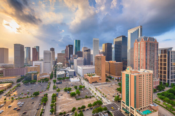 Houston, Texas, USA downtown city skyline at twilight.