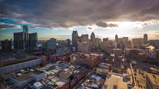 Detroit Michigan Estados Unidos Skyline Céntrico Desde Arriba Atardecer — Vídeo de stock