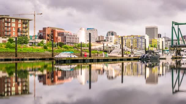 Tacoma Washington Eua Skyline Centro Cidade Anoitecer Commencement Bay Noite — Vídeo de Stock