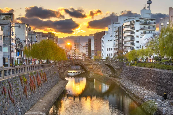 Nagasaki Japanisches Stadtbild Mit Megane Brille Brücke Bei Sonnenuntergang — Stockfoto