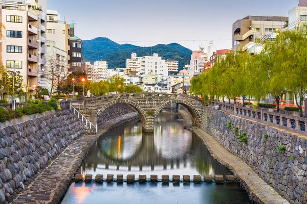Nagasaki Giappone Paesaggio Urbano Con Megane Spectacles Bridge Tramonto — Foto Stock