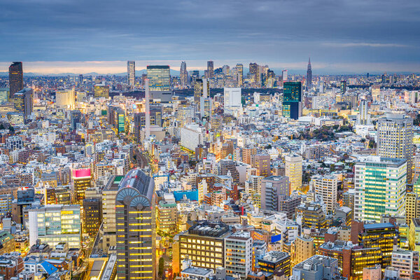 Tokyo, Japan cityscape view over the Ebisu District towards Shinjuku at dusk.