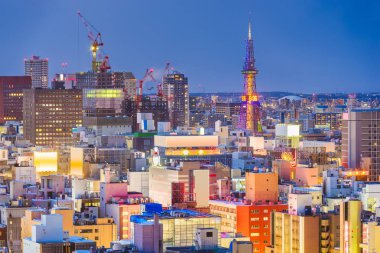 Alacakaranlıkta şehir cityscape Sapporo, Japonya