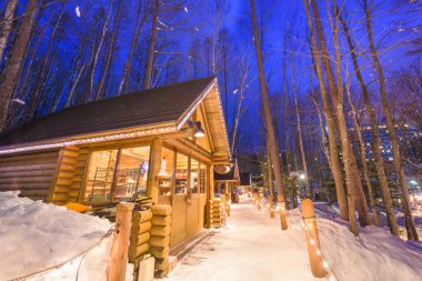 Furano, Hokkaido, Japon kış kulübeleri alacakaranlıkta..