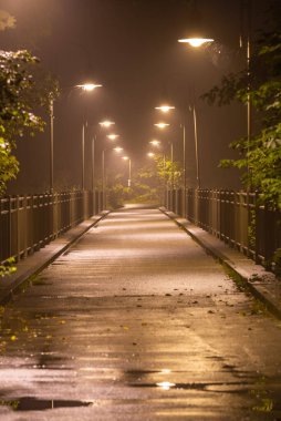 Almanya 'nın Fussen şehrinde gece karamsar bir köprü.