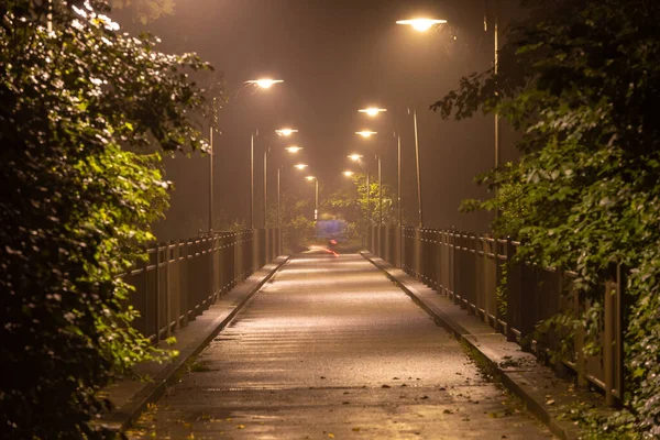 Almanya 'nın Fussen şehrinde gece karamsar bir köprü.