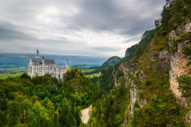Almanya 'nın Bavyera Alplerinde sis olan Neuschwanstein Kalesi